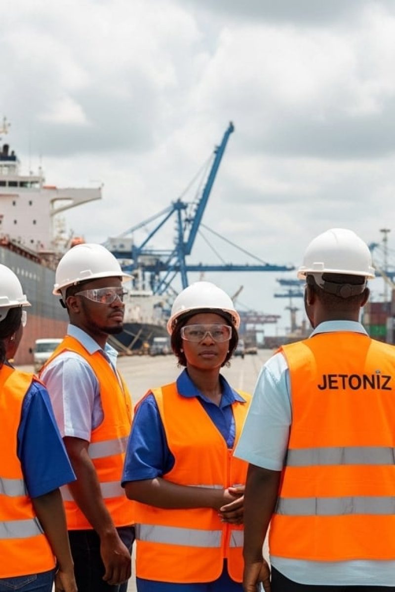 A professional Nigerian fleet management team in light safety gear