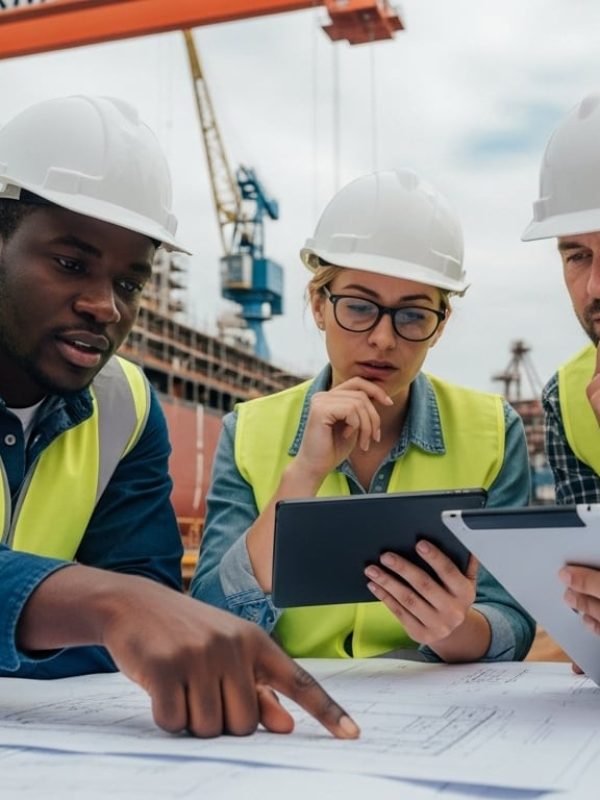 Close-up of multinational engineers including a young nigerian man in safety helmets